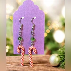 Candy Cane Beaded Dangle Christmas Earrings Red And White Striped New